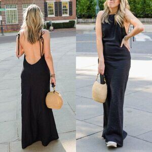 Reformation Selia Maxi Dress‎ Black Linen Open Back Adjustable Tie Size M